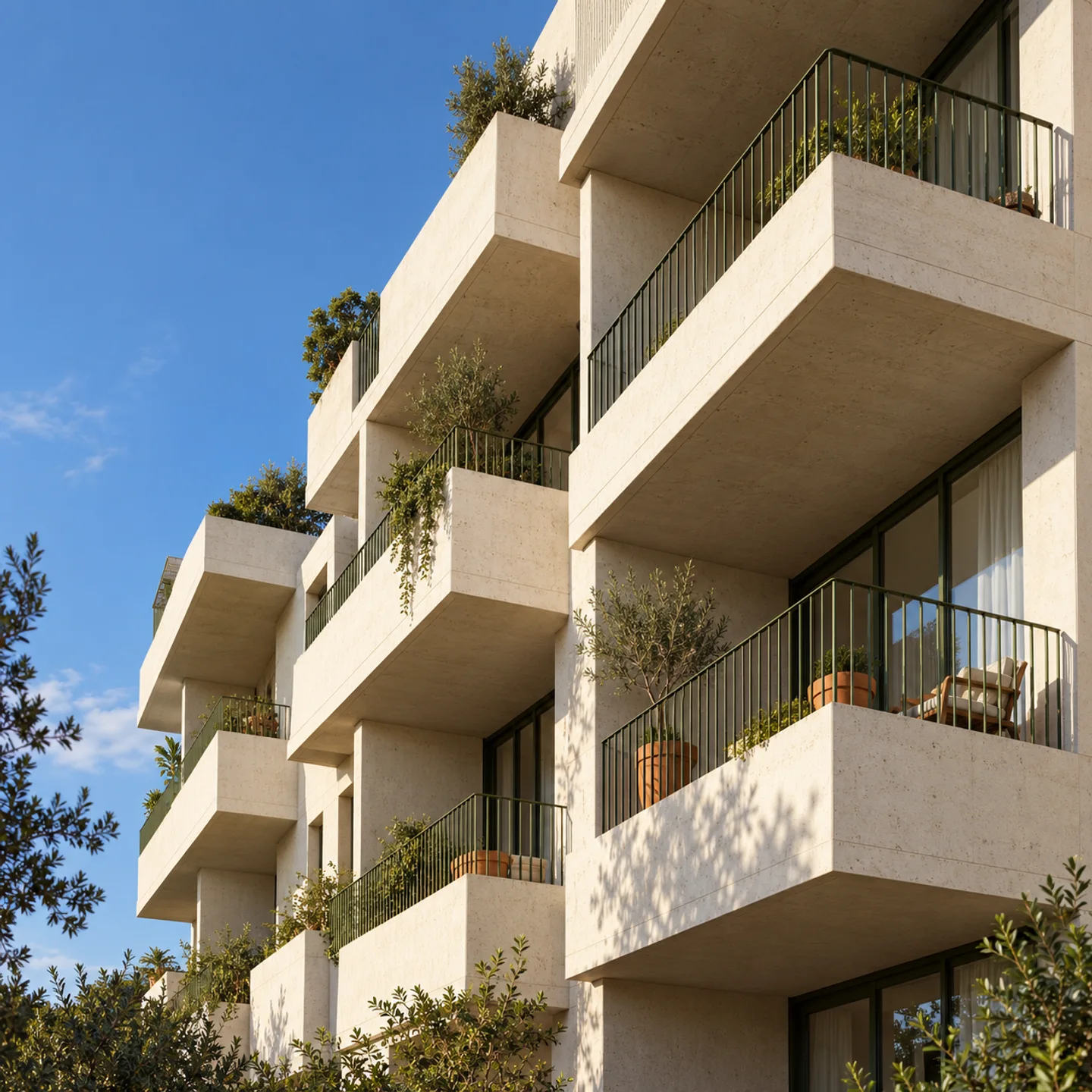 Deep concrete balconies with green railings and small plants