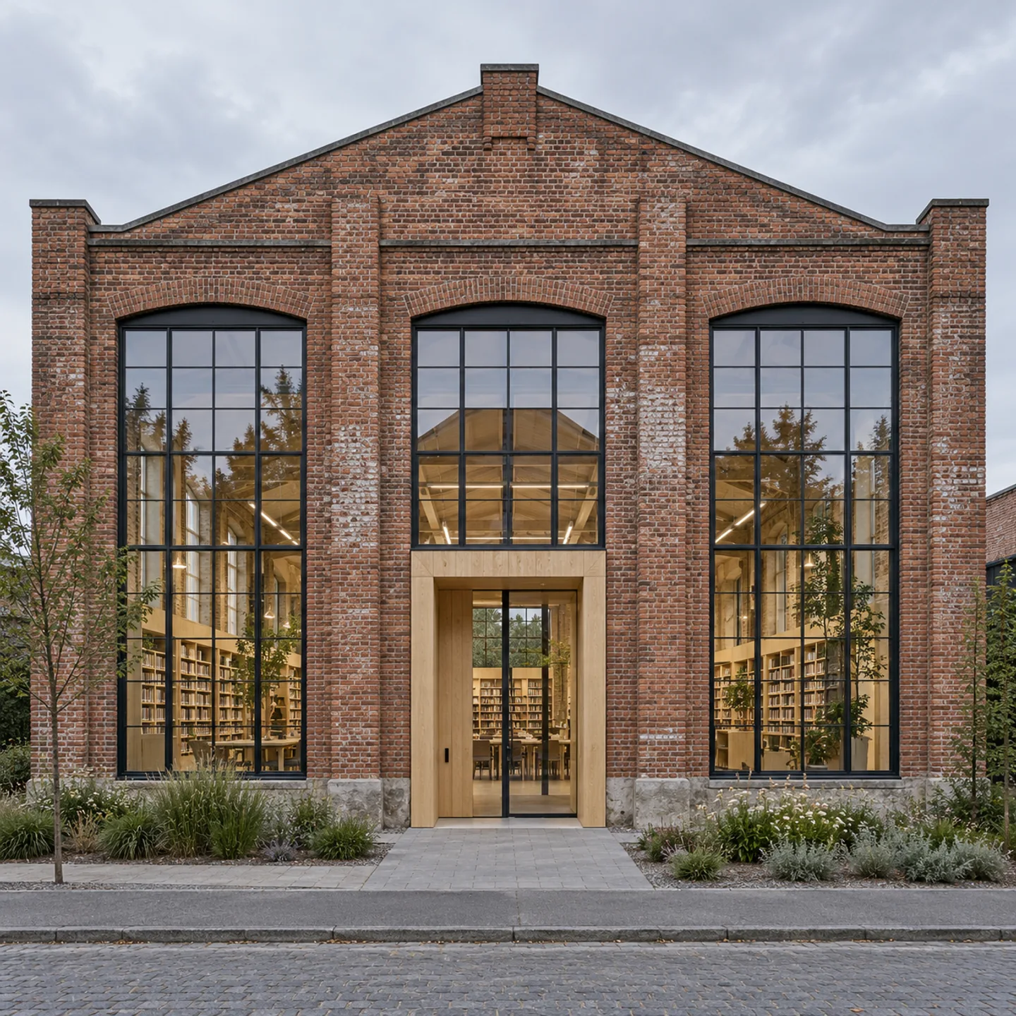 A brick workshop adapted as a library with a pale timber entrance