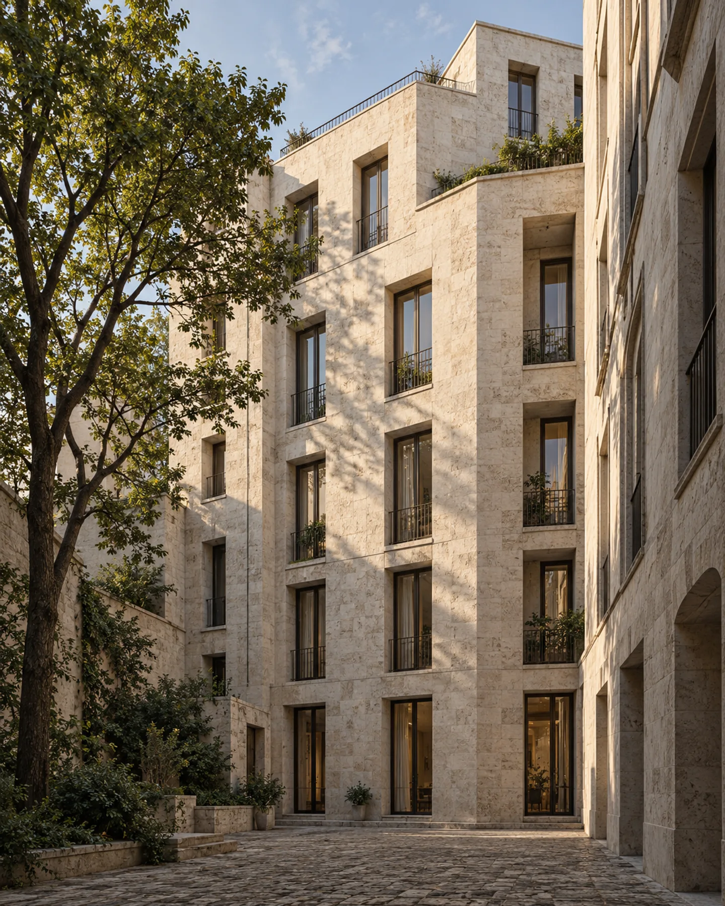 Pale stone apartments around a planted courtyard in afternoon light