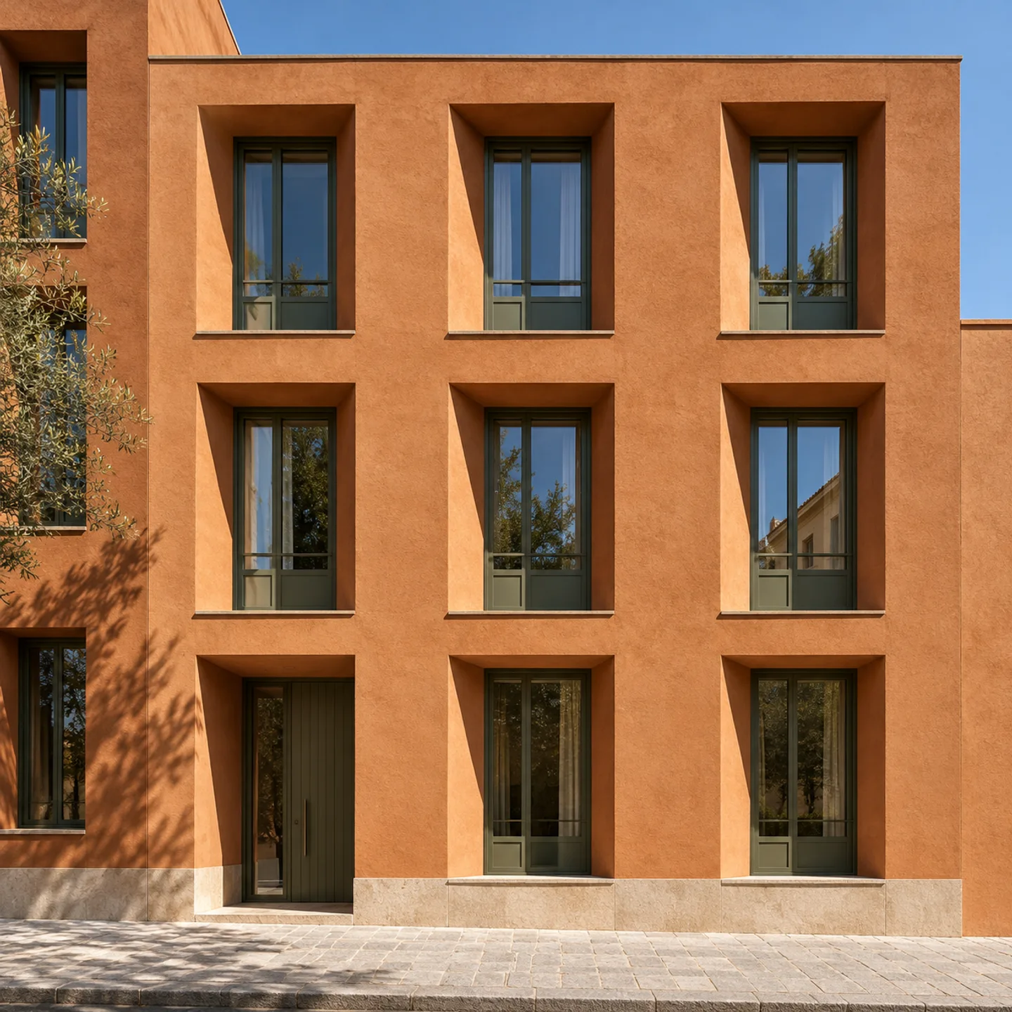A terracotta facade with deep window reveals beside a city pavement