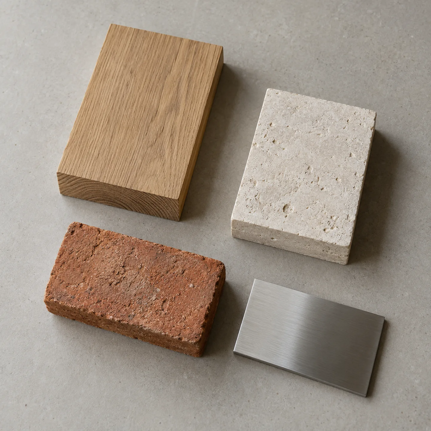 Samples of oak, limestone, red brick and brushed metal on a studio table