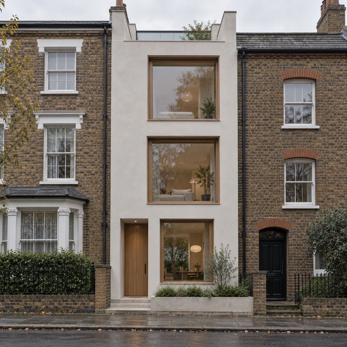 A slender urban house with a deep window and a small planted entrance