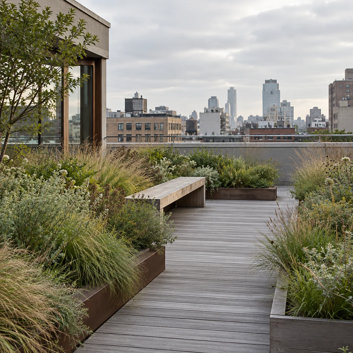 A planted rooftop with grasses, a timber walkway and a bench