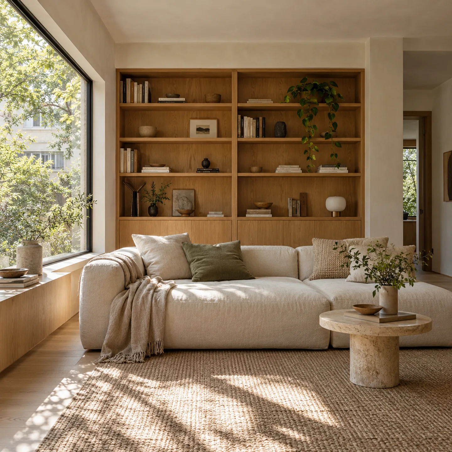An oak-lined living room with a linen sofa beside a large window