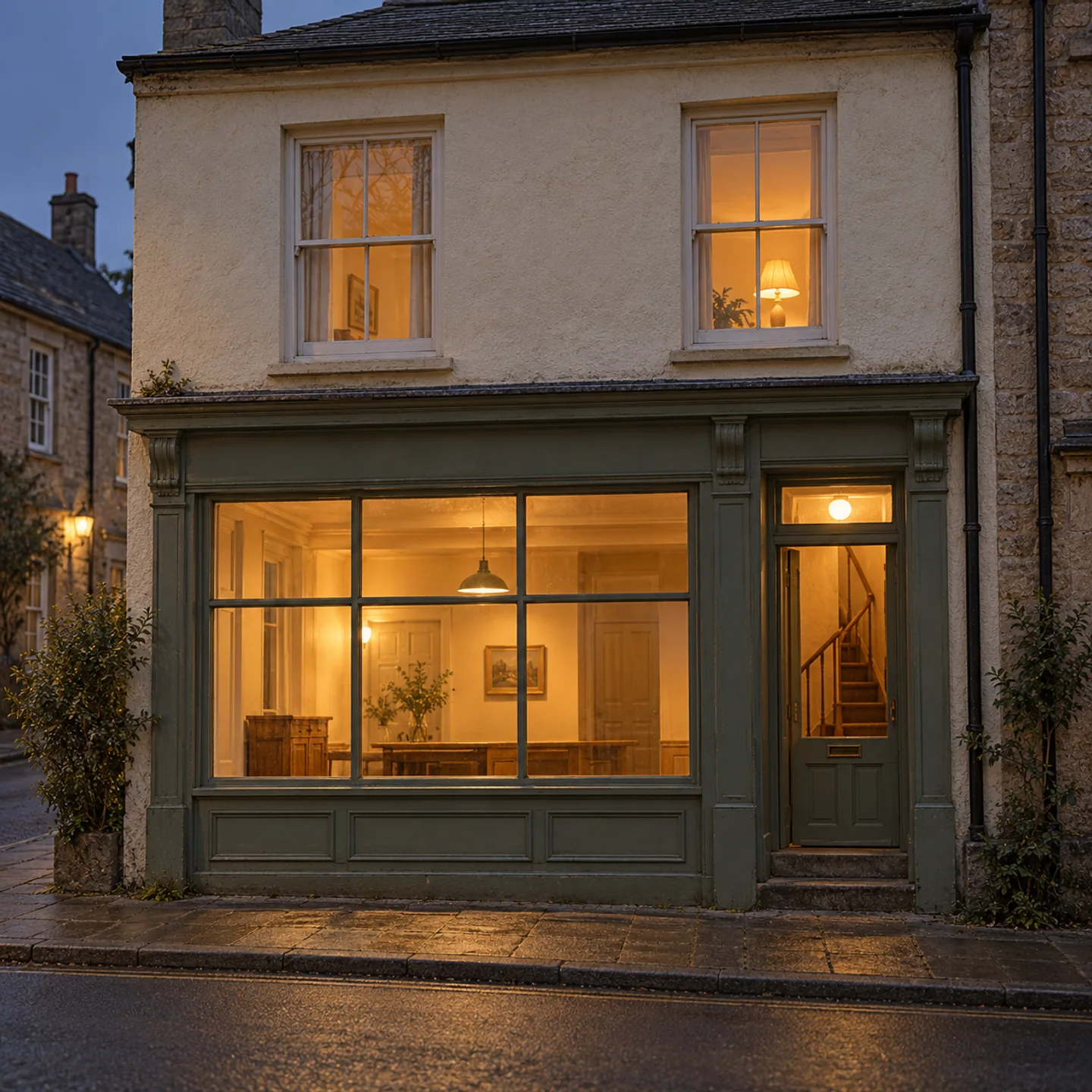 A quiet shopfront with a separate entrance to rooms above