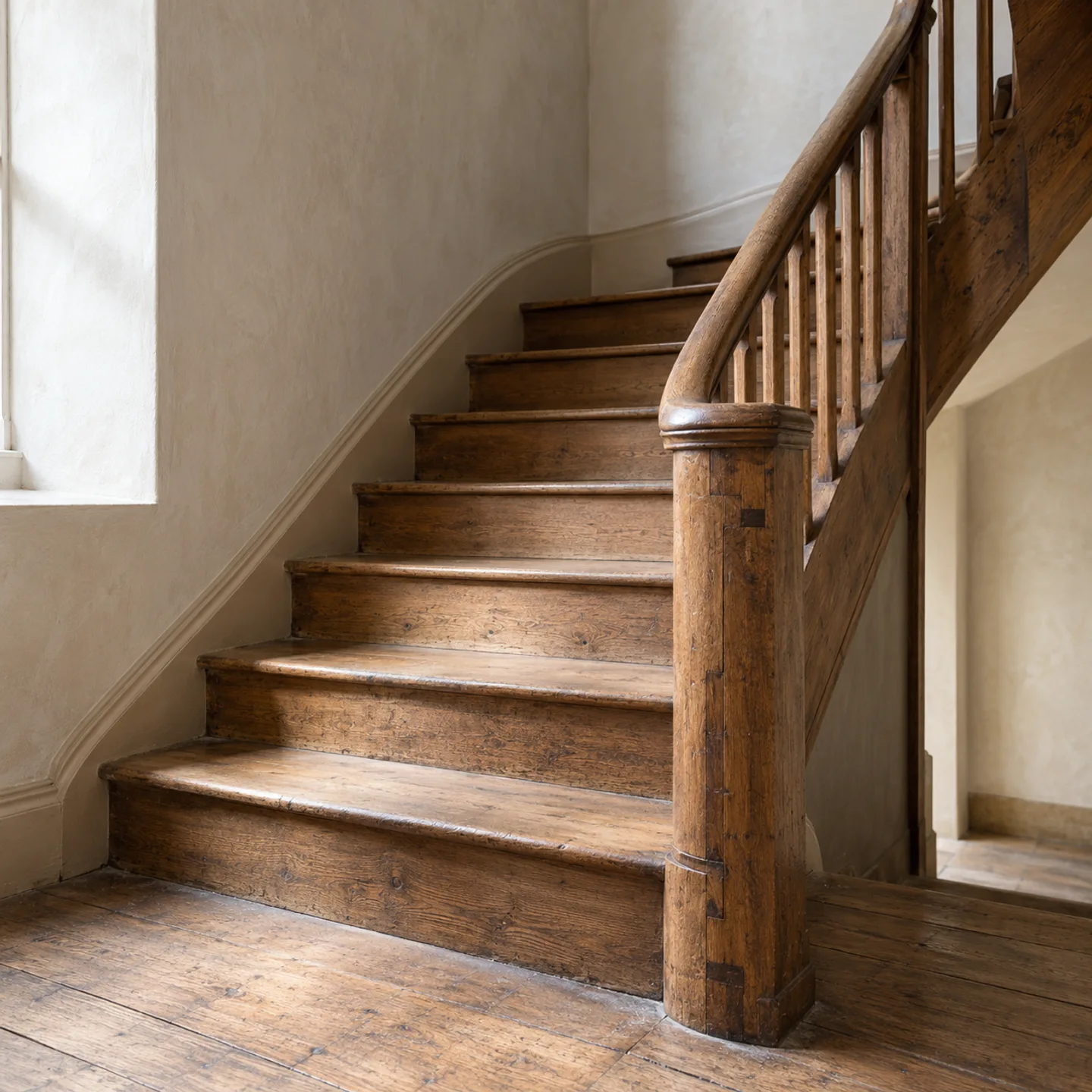 An old timber stair with a repaired handrail in a bright interior
