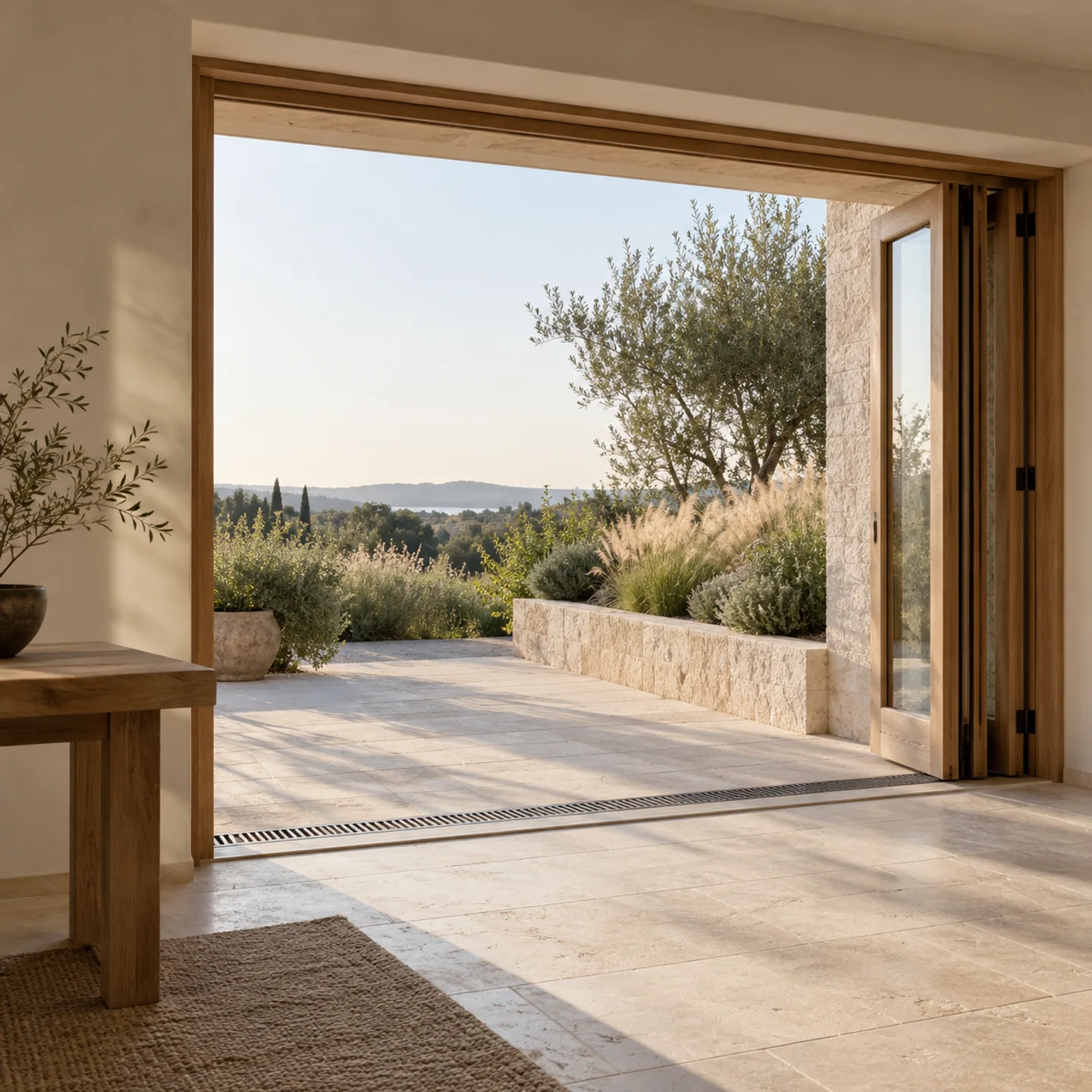 A broad timber doorway joining a pale interior and planted terrace
