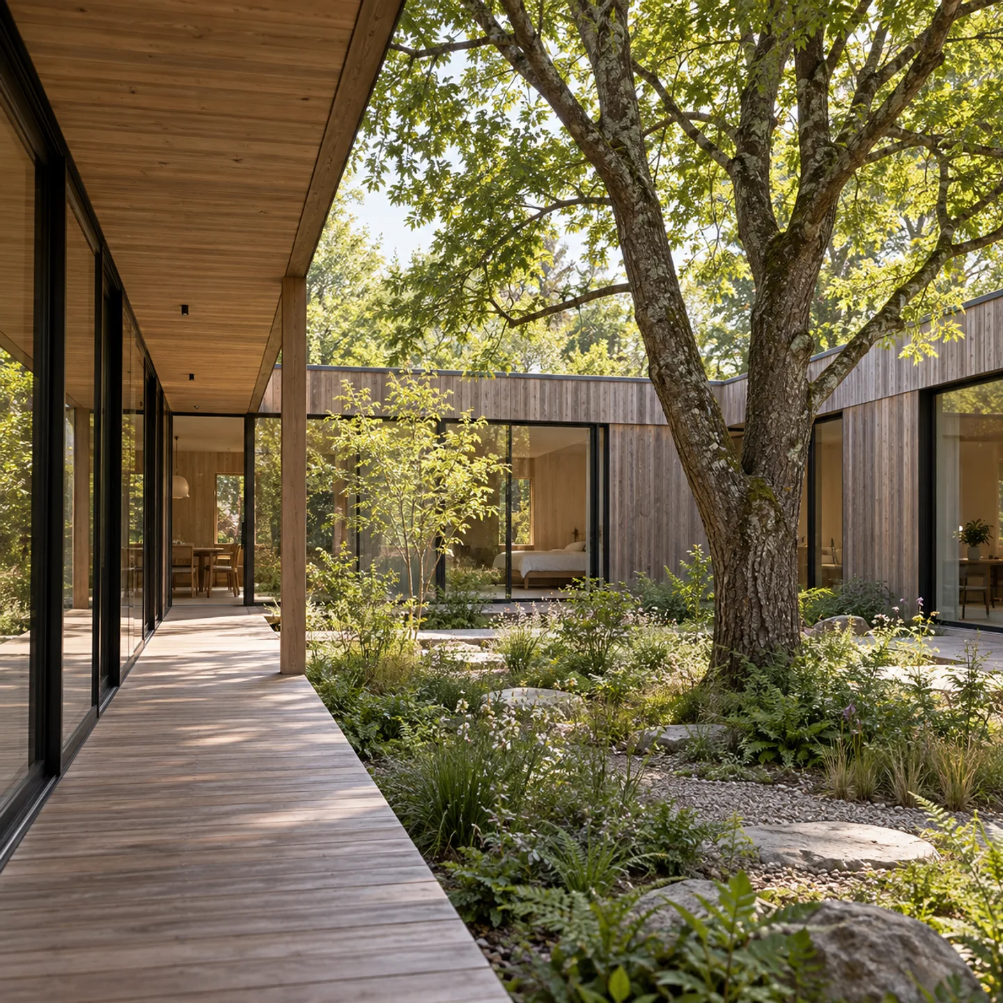A low timber house wrapping around a mature tree and planted court